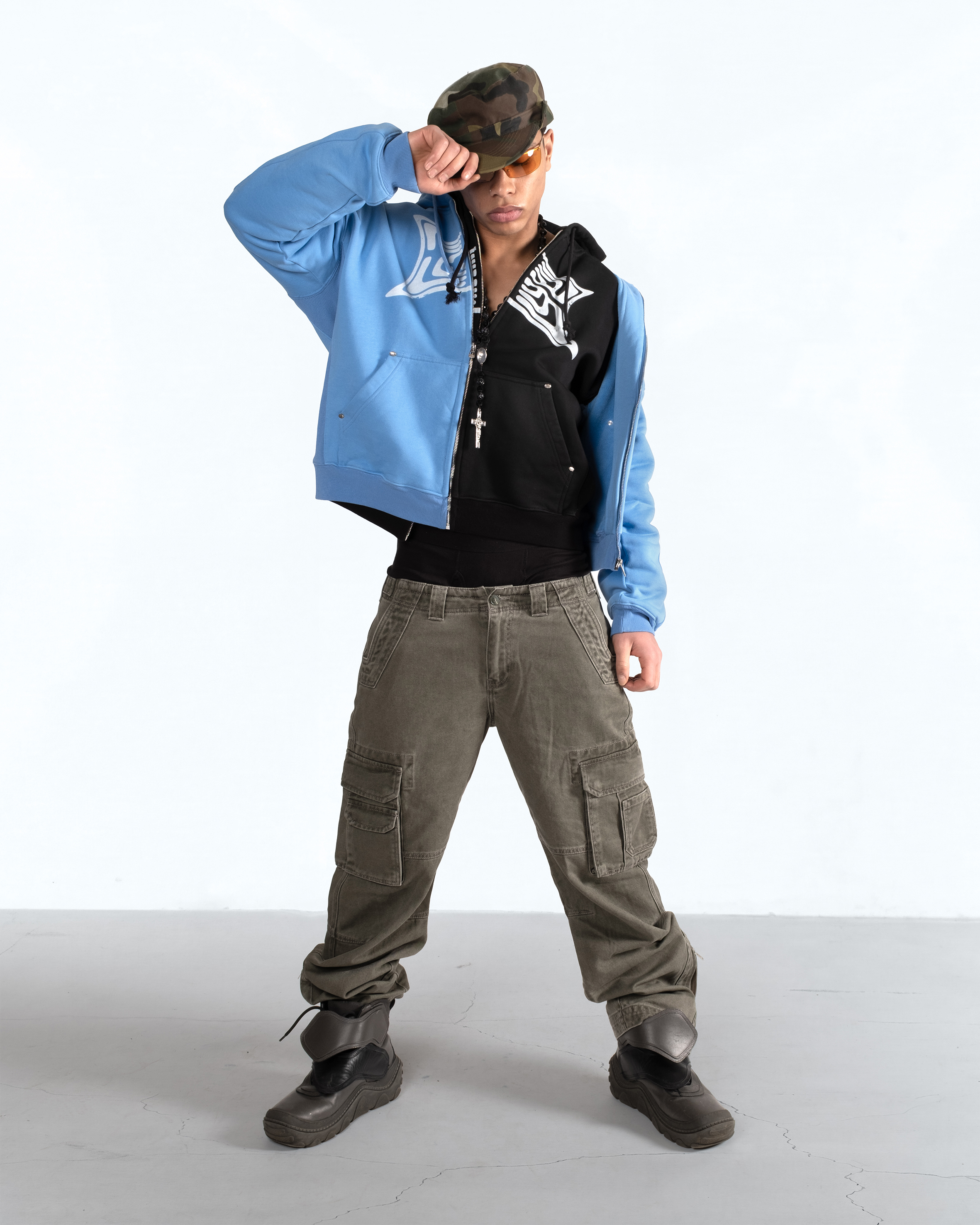 Studded Zip Rib Hoodie Sky Blue