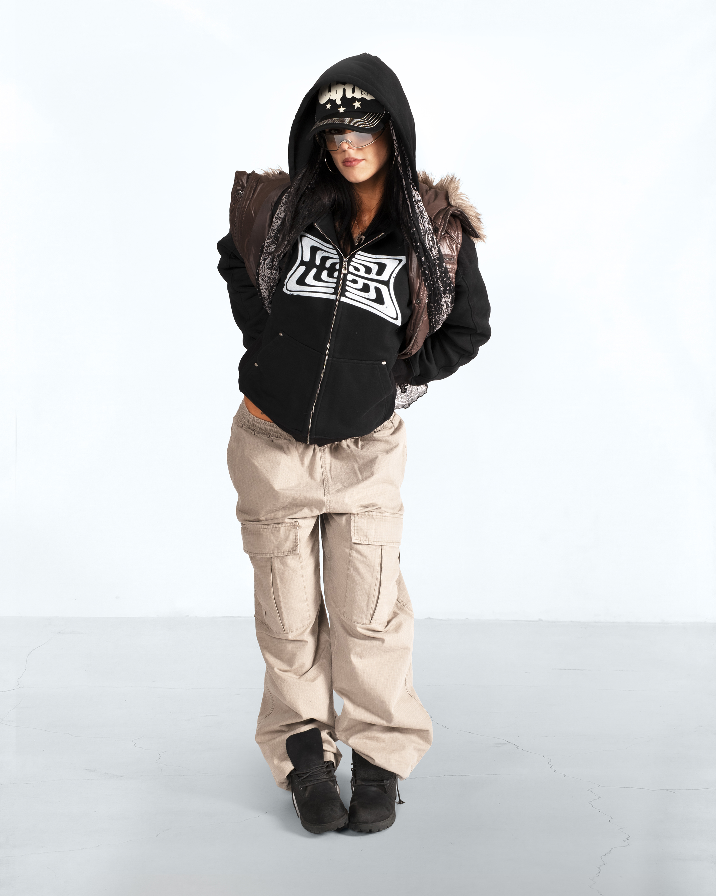 Studded Zip Rib Hoodie Black