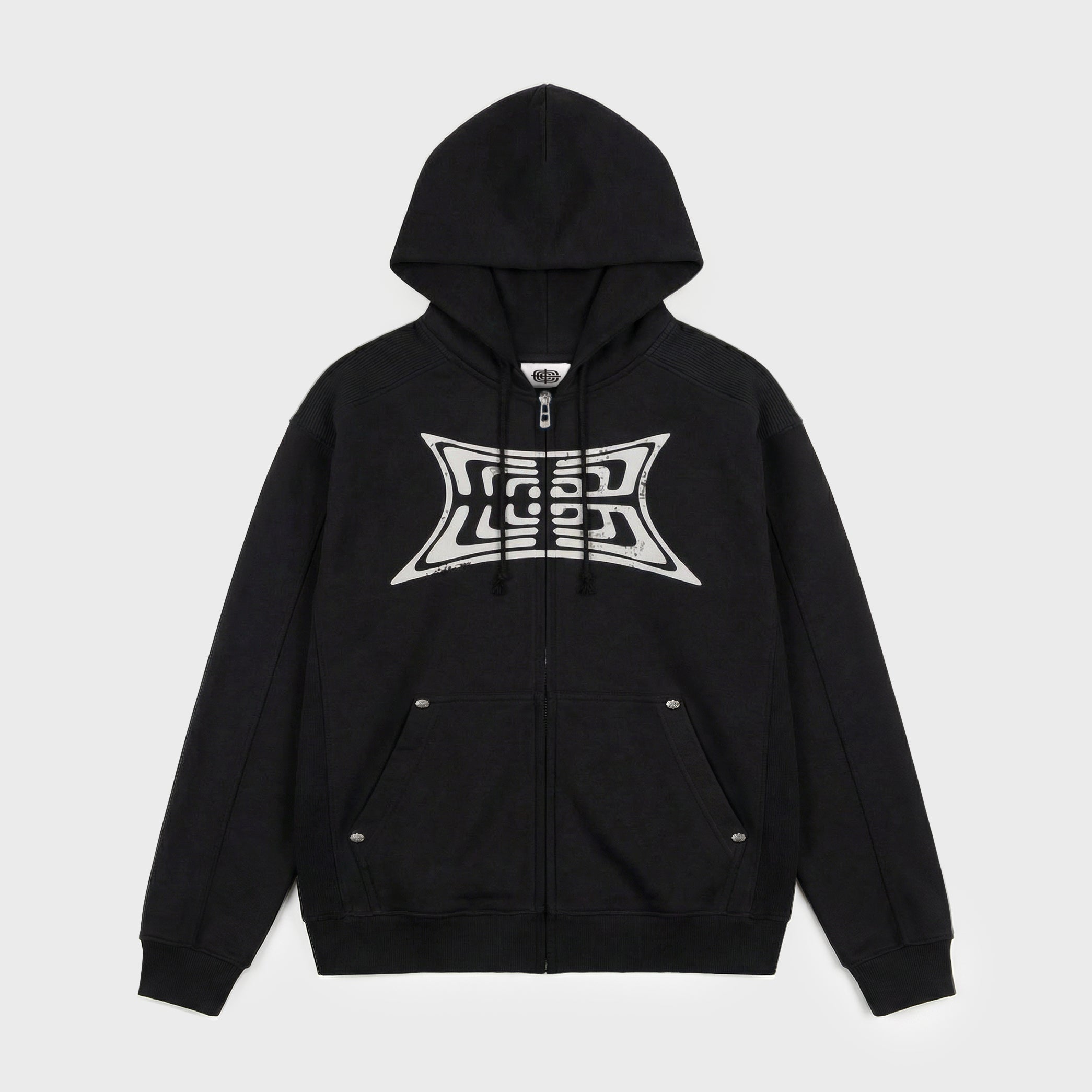 Studded Zip Rib Hoodie Black