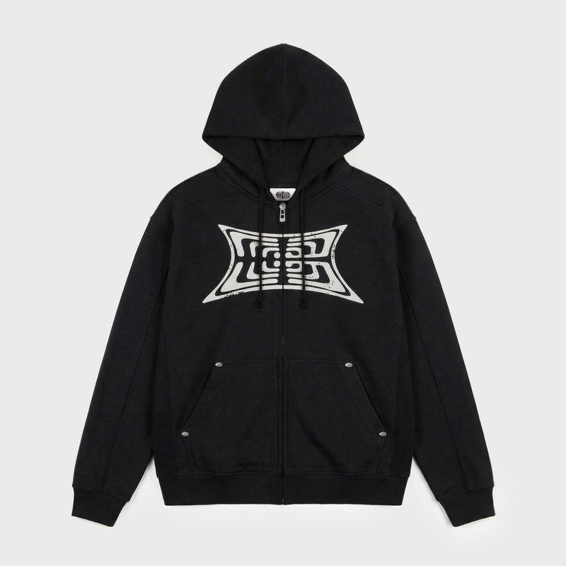 Studded Zip Rib Hoodie Black